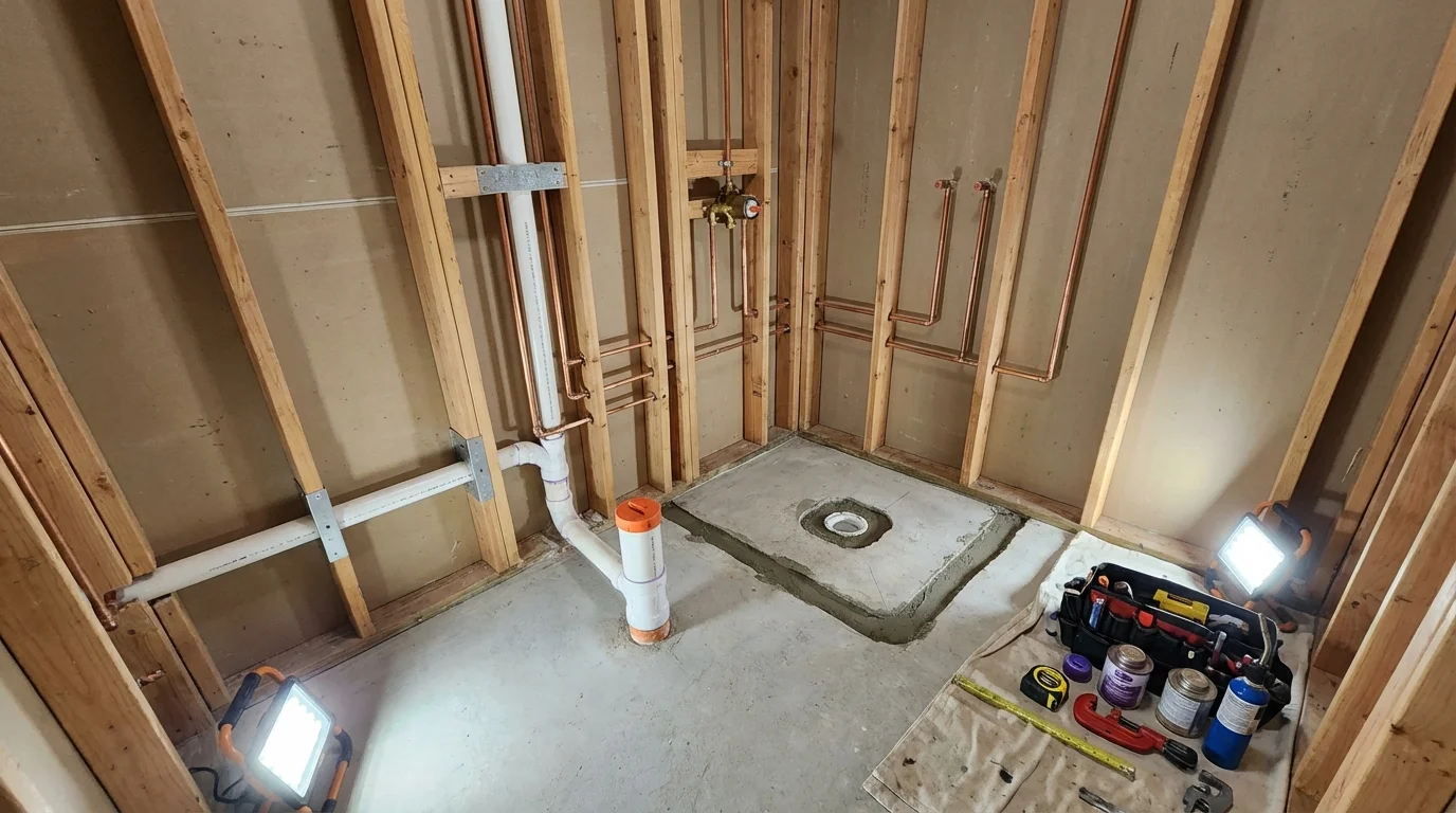Bathroom rough-in plumbing during remodel by Johns Plumbing LLC in Cobb Island
