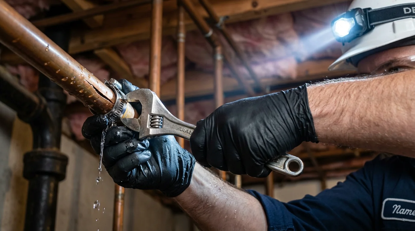 Emergency pipe clamp repair being performed by a Johns Plumbing LLC plumber in Cobb Island