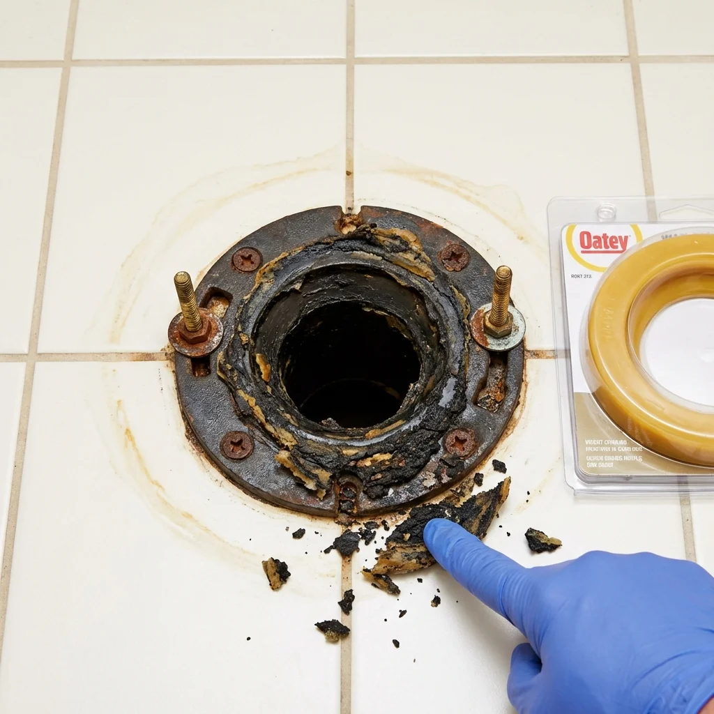 Failed wax ring showing water seepage at the base of a toilet in a Cobb Island, MD home