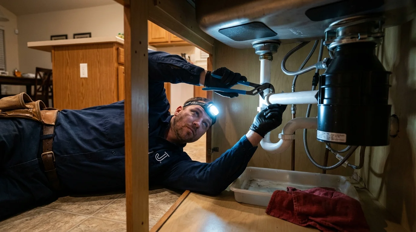 P-trap and supply line connections under a kitchen sink showing a common leak point in Cobb Island, MD